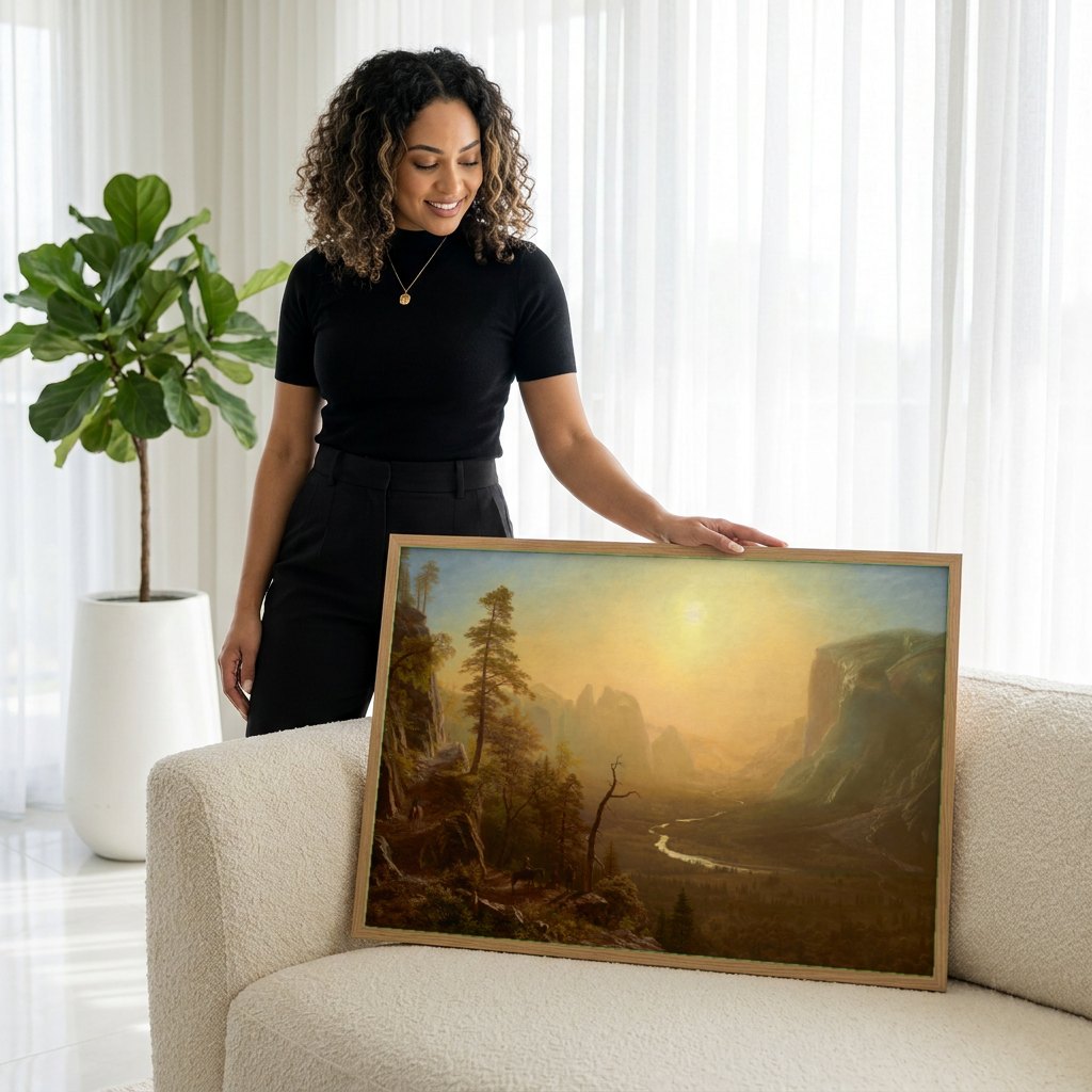Quadro Decorativo 'Vale do Yosemite' - Albert Bierstadt | modelo apresentando o quadro emoldurado