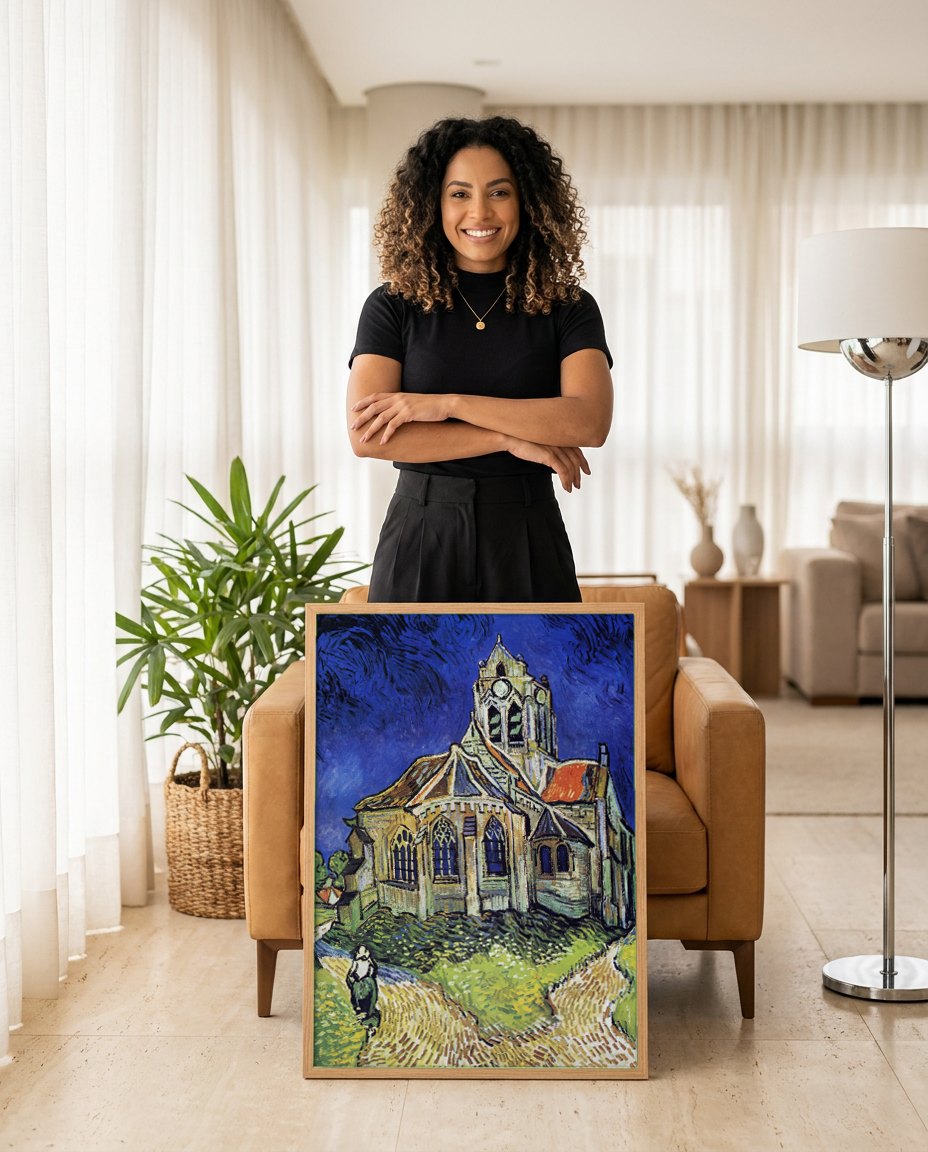 Quadro Decorativo A Igreja de Auvers-sur-Oise - Van Gogh | modelo apresentando o quadro emoldurado