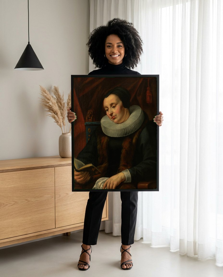 Quadro Decorativo Mulher Lendo - Jacob Jordaens | modelo apresentando o quadro emoldurado