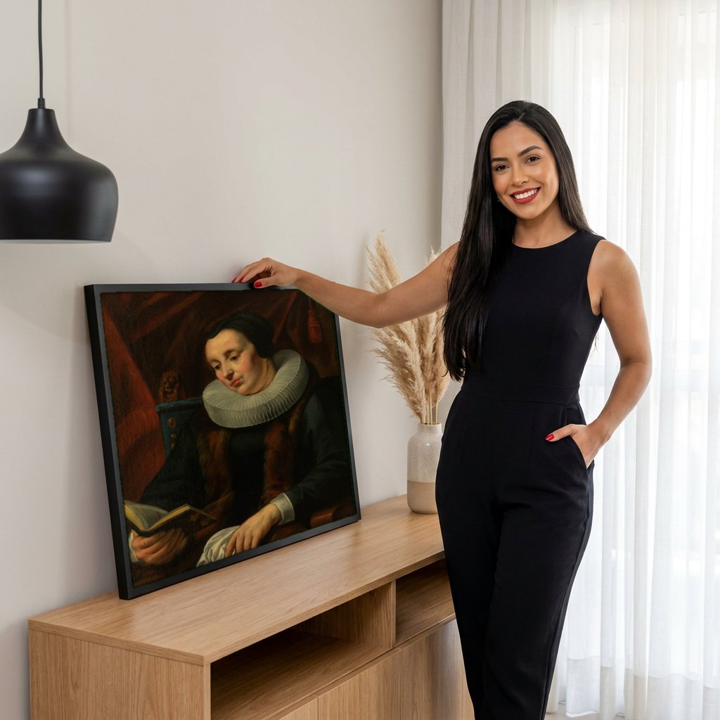 Quadro Decorativo Mulher Lendo - Jacob Jordaens | modelo apresentando o quadro emoldurado