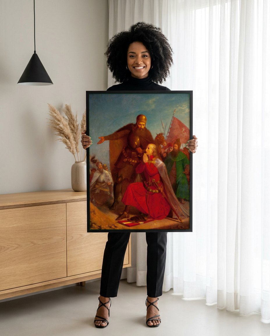 Quadro Decorativo A Oferta de Coroa a Przemysł II - Jan Matejko | modelo apresentando o quadro emoldurado