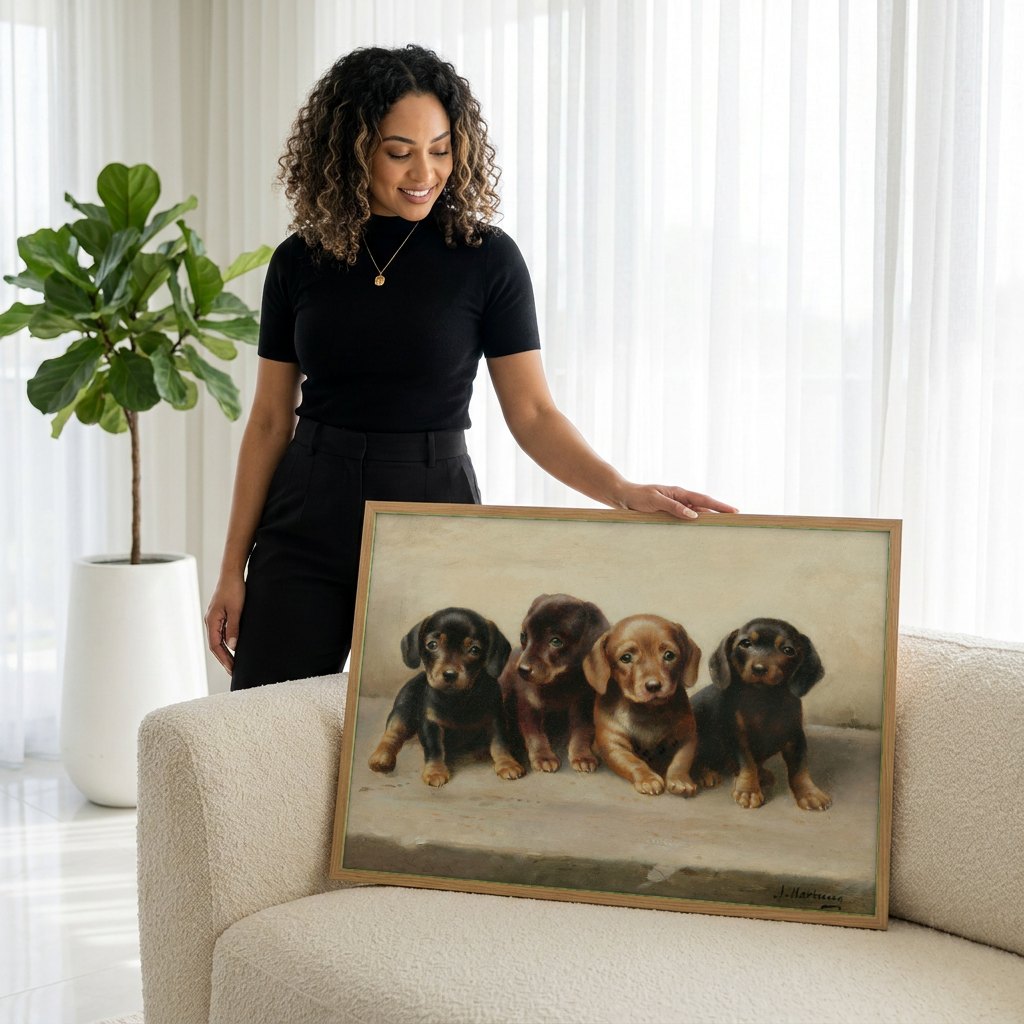 Quadro Decorativo Corgis Filhotes - Carl Reichert | modelo apresentando o quadro emoldurado