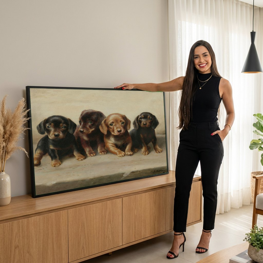 Quadro Decorativo Corgis Filhotes - Carl Reichert | modelo apresentando o quadro emoldurado