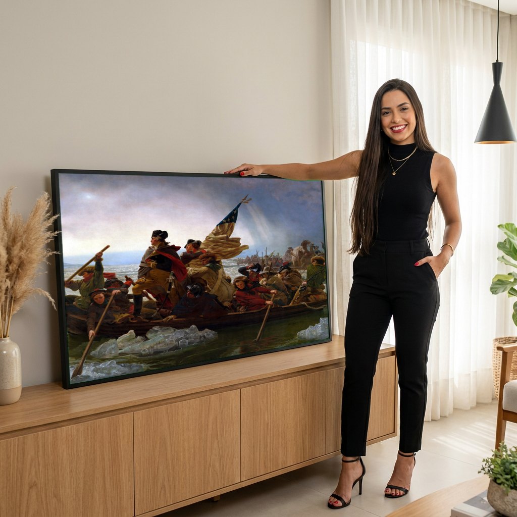Quadro Decorativo A Travessia do Delaware - Emanuel Leutze | modelo apresentando o quadro emoldurado