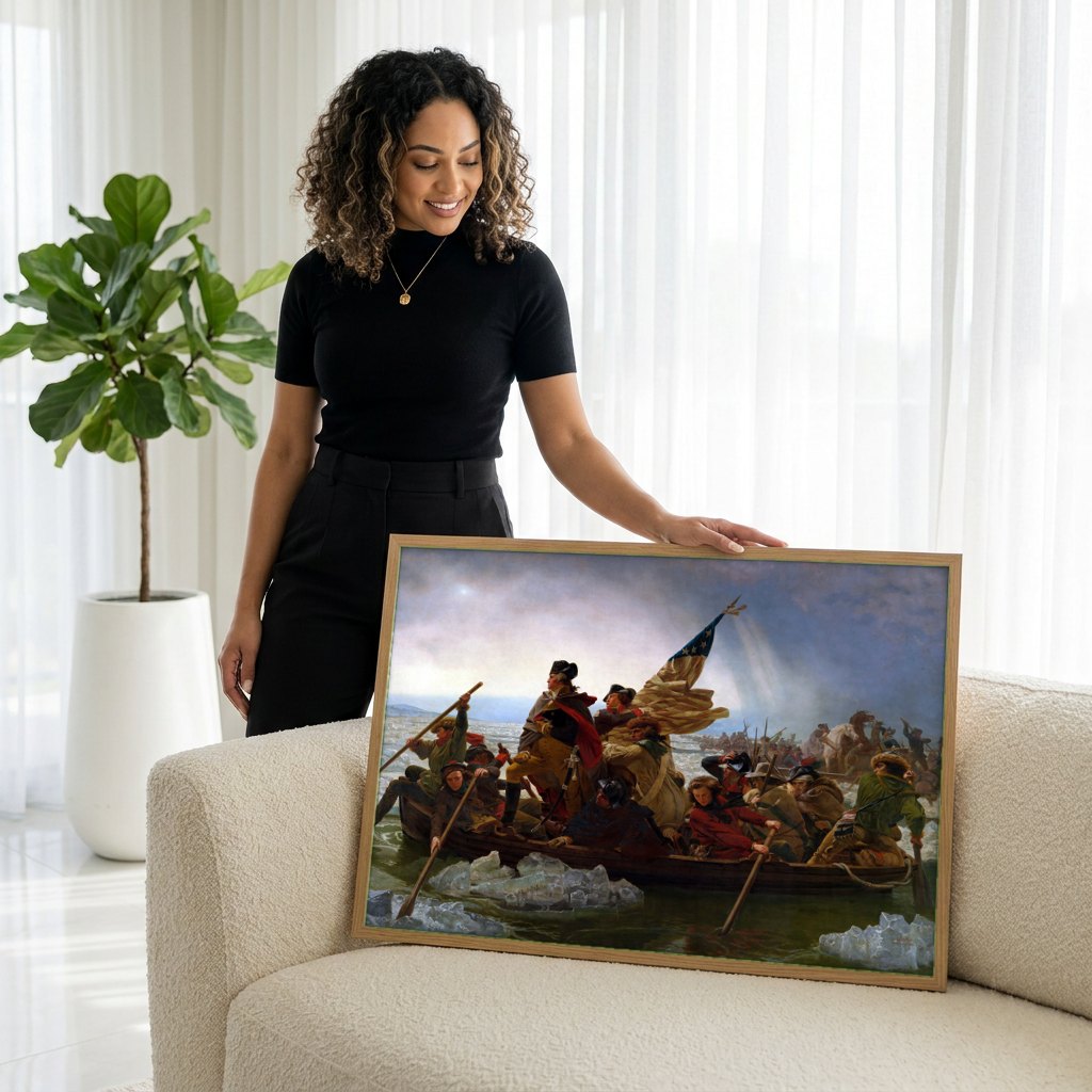 Quadro Decorativo A Travessia do Delaware - Emanuel Leutze | modelo apresentando o quadro emoldurado