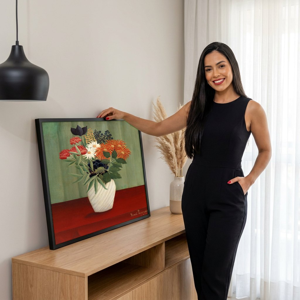 Quadro Decorativo 'Flores no Vaso' - Henri Rousseau | modelo apresentando o quadro emoldurado