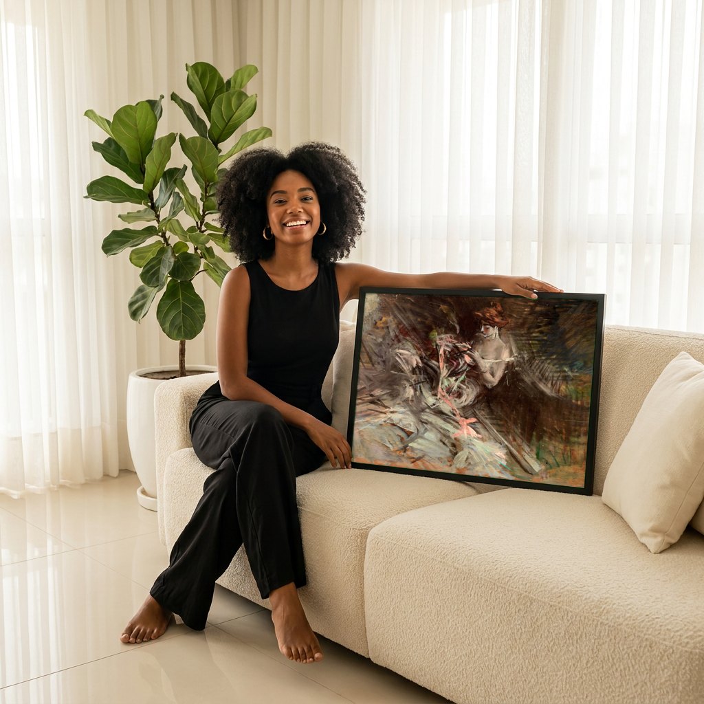 Quadro Decorativo Senhora com Chapéu Vermelho - Giovanni Boldini | modelo apresentando o quadro emoldurado