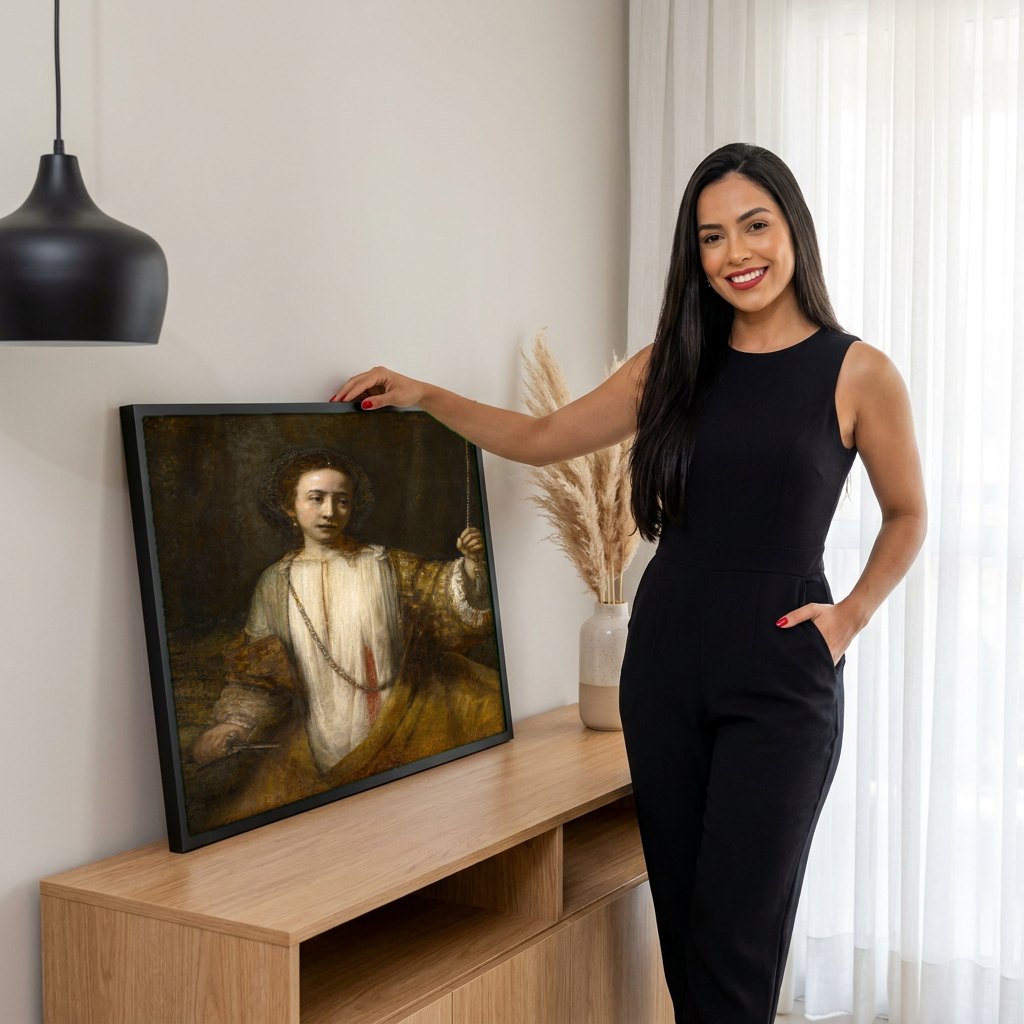 Quadro Decorativo 'Artemísia' ou 'Minerva' - Rembrandt | modelo apresentando o quadro emoldurado