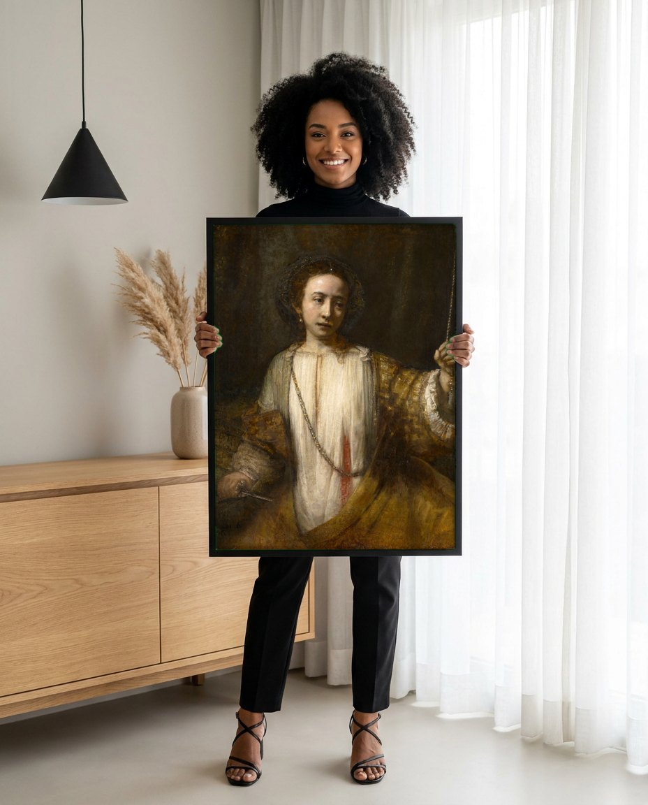 Quadro Decorativo 'Artemísia' ou 'Minerva' - Rembrandt | modelo apresentando o quadro emoldurado