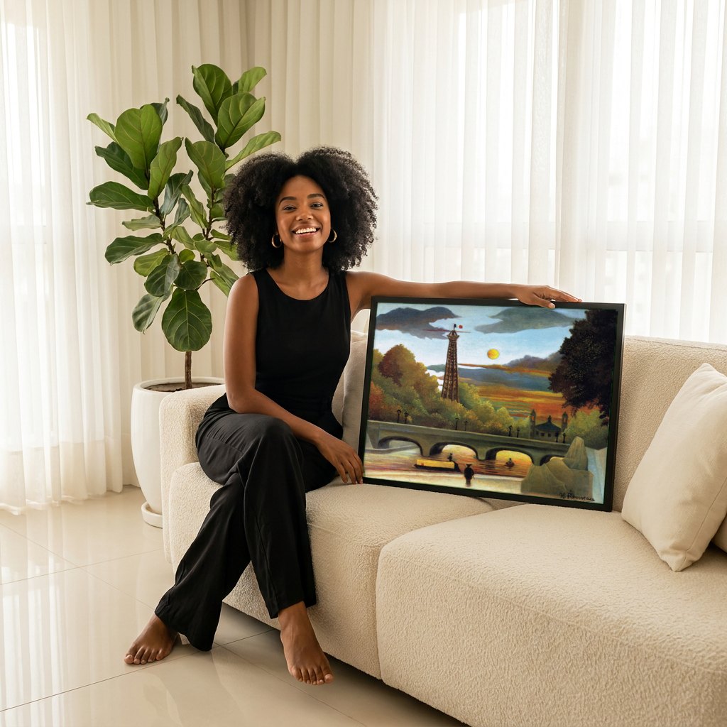 Quadro Decorativo A Torre Eiffel - Henri Rousseau | modelo apresentando o quadro emoldurado