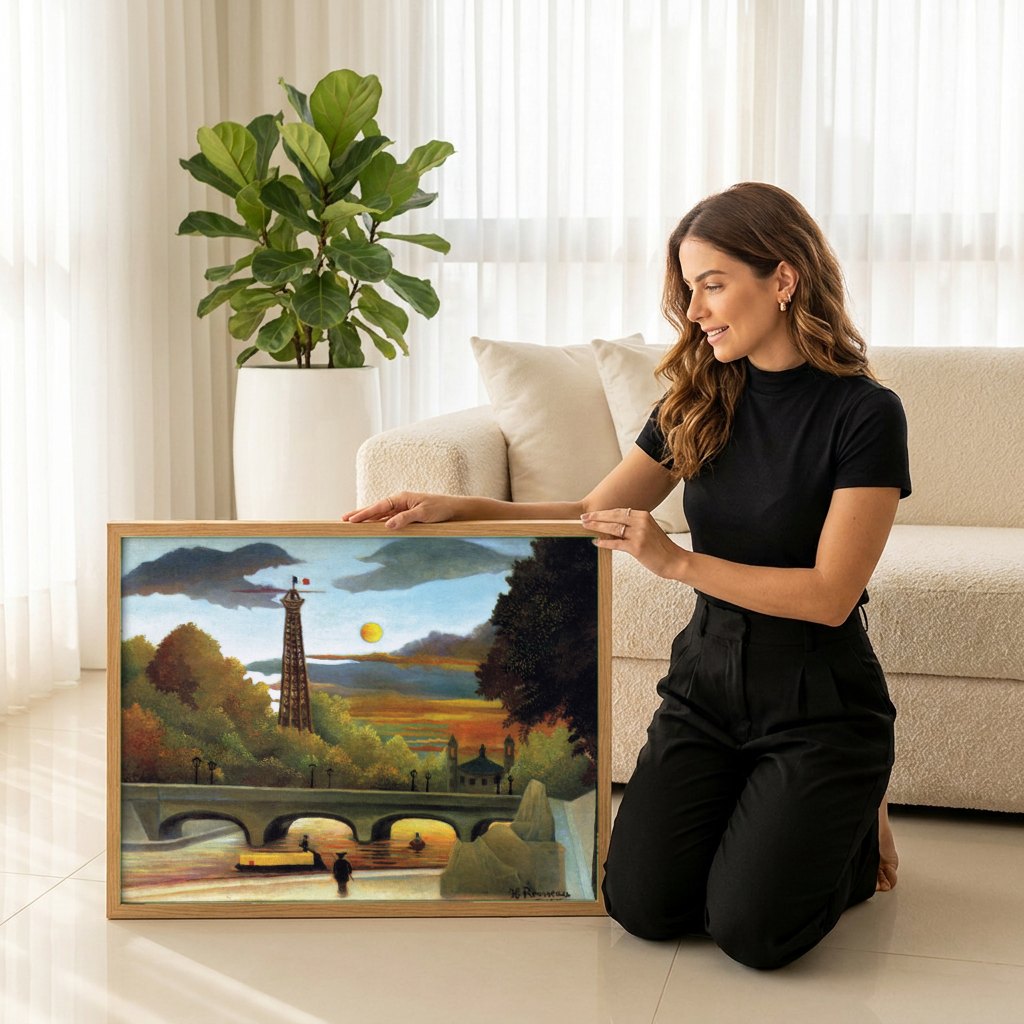 Quadro Decorativo A Torre Eiffel - Henri Rousseau | modelo apresentando o quadro emoldurado