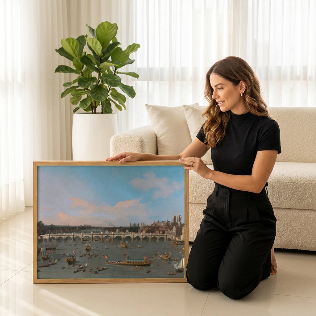 Quadro Decorativo A Ponte de Westminster em Londres - Canaletto | modelo apresentando o quadro emoldurado