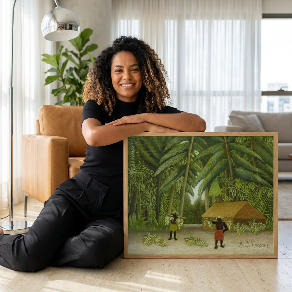 Quadro Decorativo Colheita Tropical - Henri Rousseau | modelo apresentando o quadro emoldurado