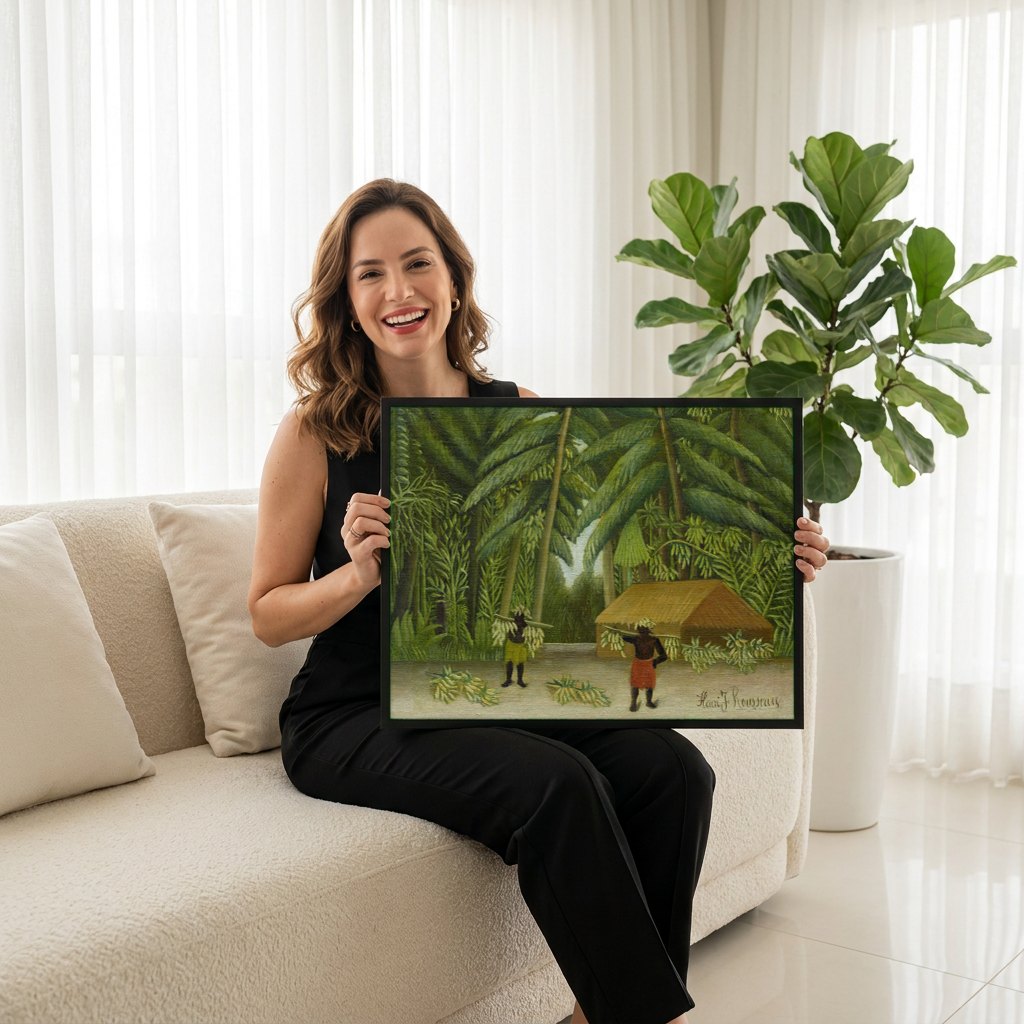 Quadro Decorativo Colheita Tropical - Henri Rousseau | modelo apresentando o quadro emoldurado