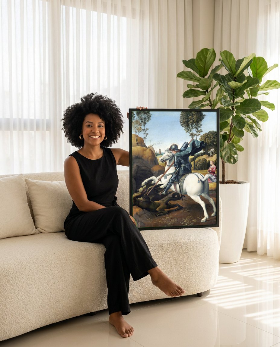 Quadro Decorativo São Jorge e o Dragão - Rafael | modelo apresentando o quadro emoldurado