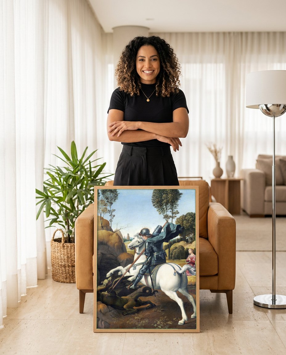 Quadro Decorativo São Jorge e o Dragão - Rafael | modelo apresentando o quadro emoldurado
