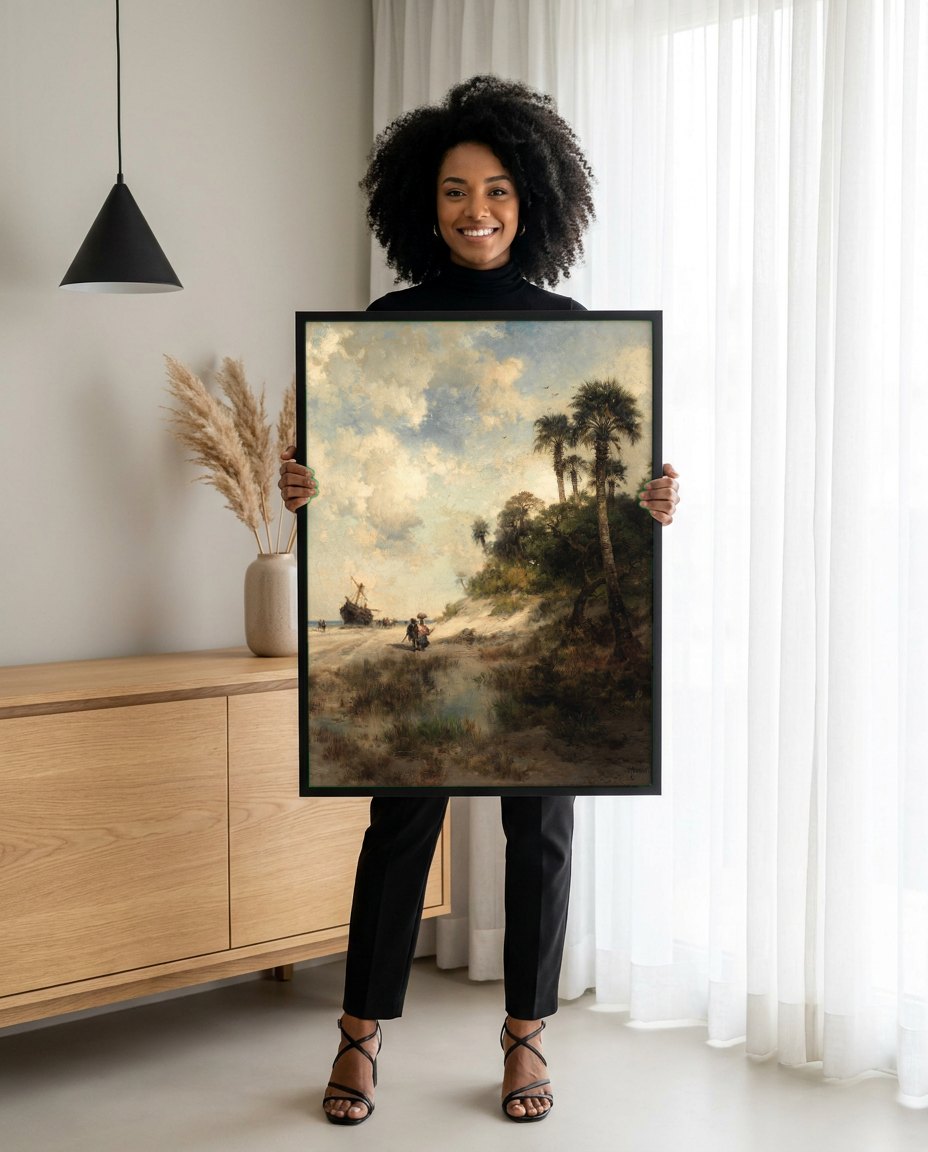 Quadro Decorativo Praia Tropical com Barco Naufragado - Thomas Moran | modelo apresentando o quadro emoldurado