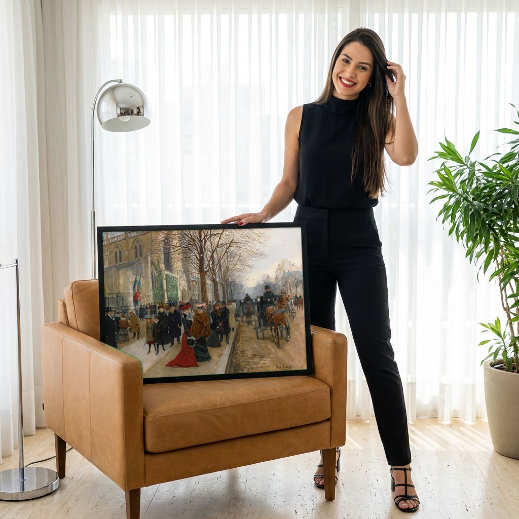 Quadro Decorativo Cena de Inverno em Paris - Jean Béraud | modelo apresentando o quadro emoldurado