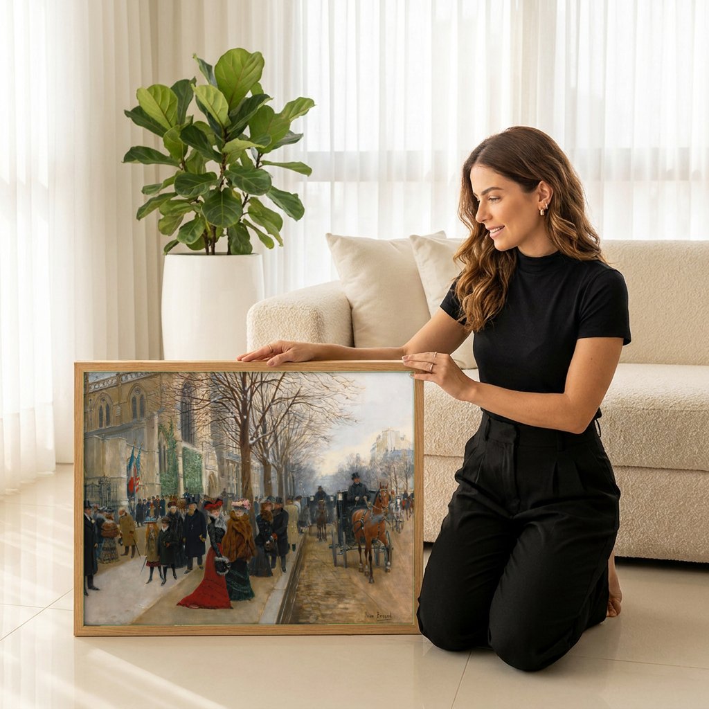 Quadro Decorativo Cena de Inverno em Paris - Jean Béraud | modelo apresentando o quadro emoldurado