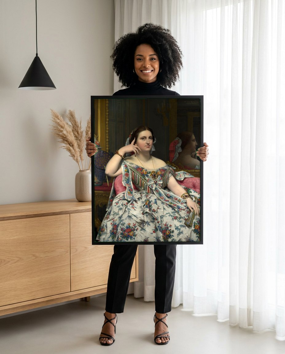 Quadro Decorativo Madame Moitessier - Ingres | modelo apresentando o quadro emoldurado