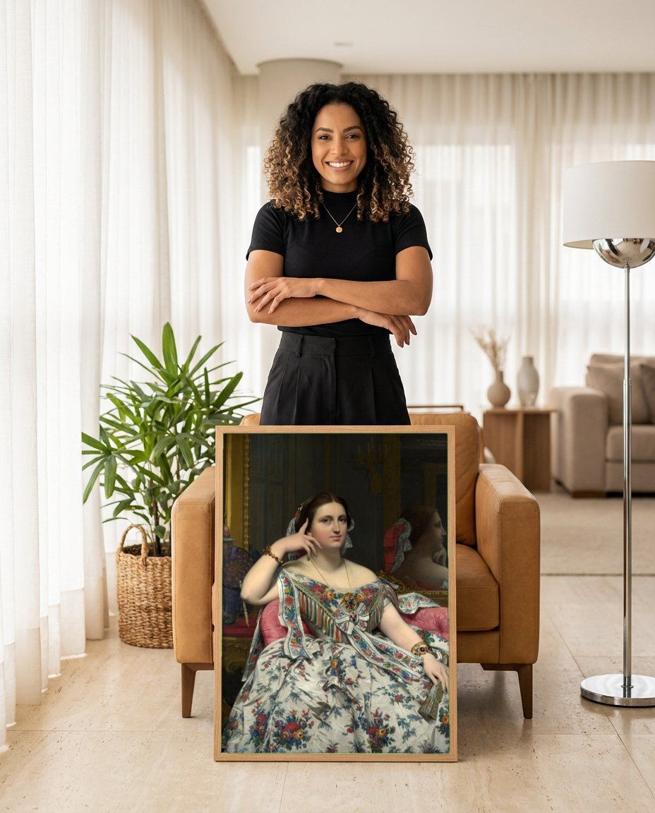Quadro Decorativo Madame Moitessier - Ingres | modelo apresentando o quadro emoldurado