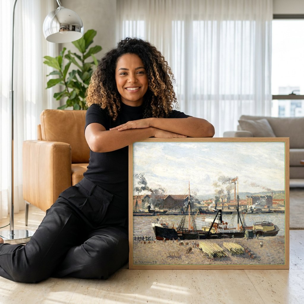 Quadro Decorativo Porto de Rouen - Pissarro | modelo apresentando o quadro emoldurado