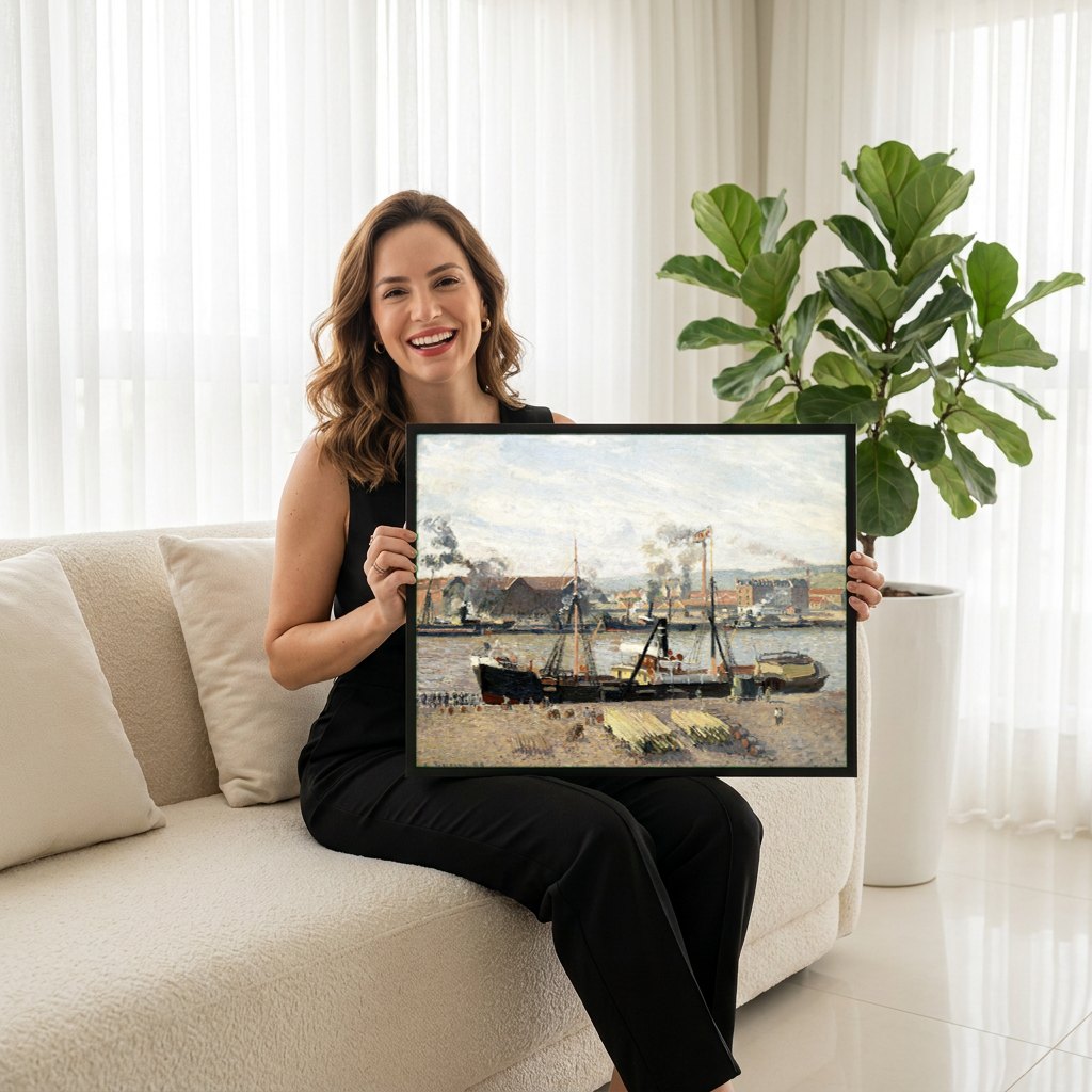 Quadro Decorativo Porto de Rouen - Pissarro | modelo apresentando o quadro emoldurado
