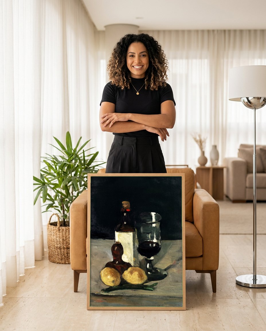 Quadro Decorativo Natureza-Morta com Garrafa e Limões - Paul Cézanne | modelo apresentando o quadro emoldurado