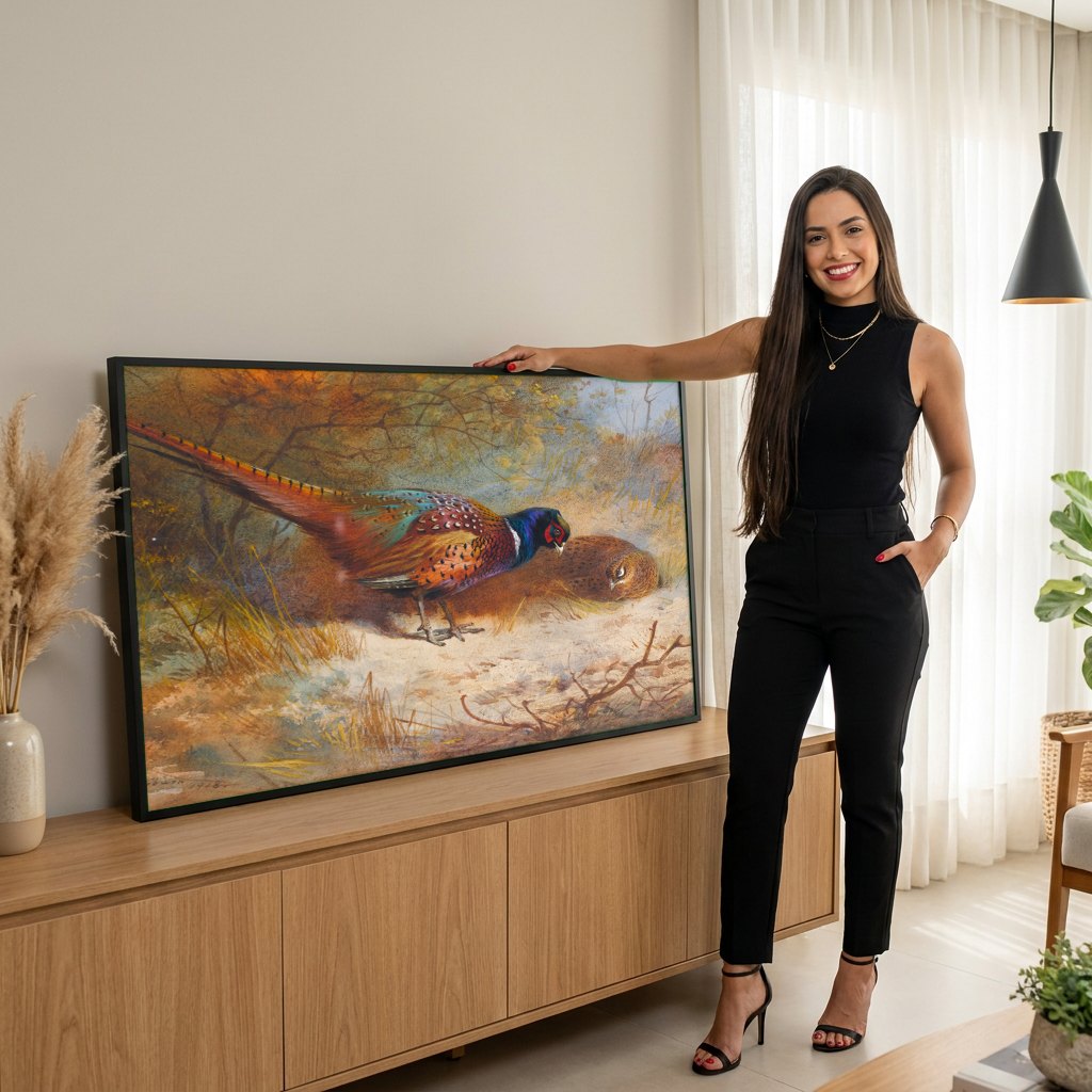 Quadro Decorativo Faisões na Natureza - Archibald Thorburn | modelo apresentando o quadro emoldurado