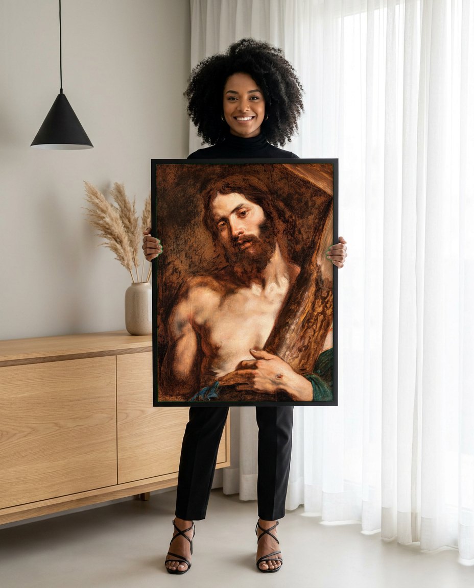 Quadro Decorativo Cristo Carregando a Cruz - Van Dyck | modelo apresentando o quadro emoldurado