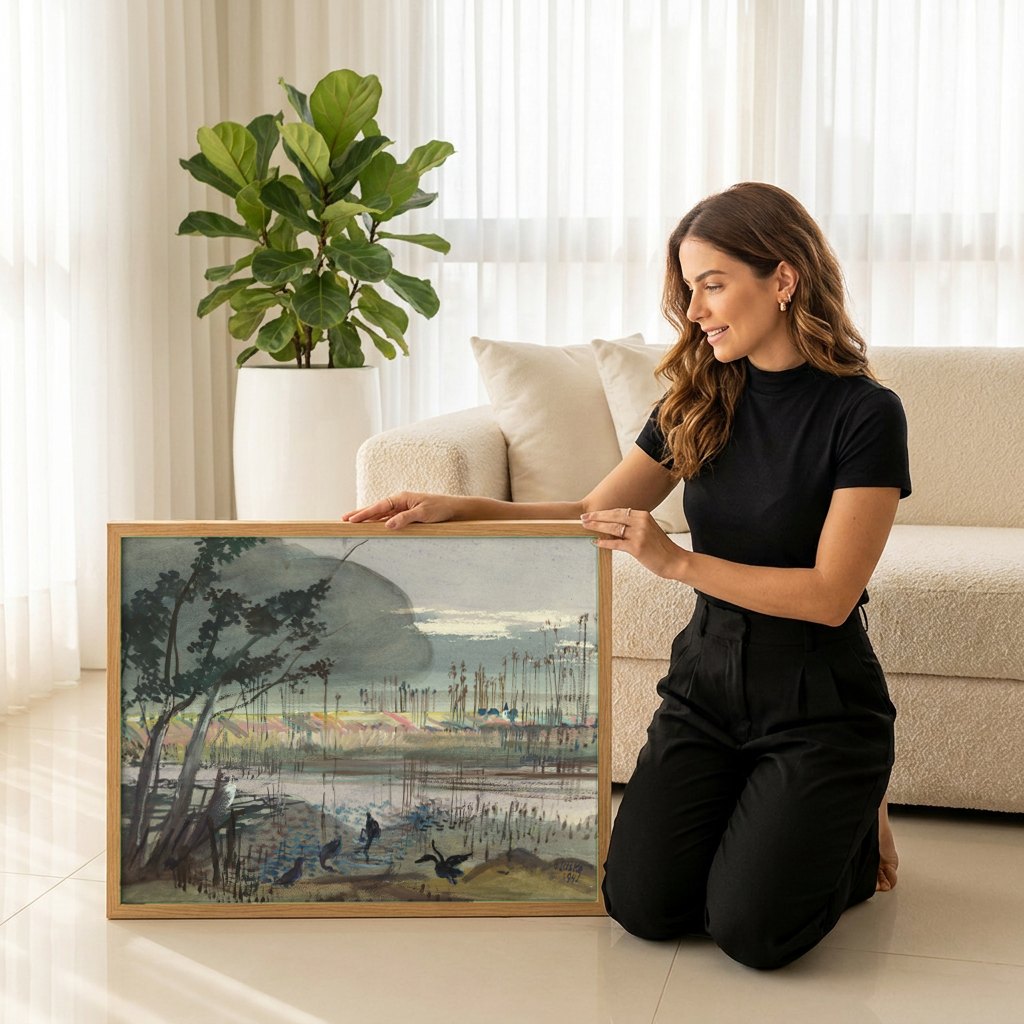 Quadro Decorativo Paisagem com Água e Árvores - Oskar Laske | modelo apresentando o quadro emoldurado