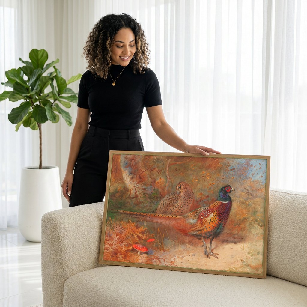 Quadro Decorativo Faisões em Outono - Thorburn | modelo apresentando o quadro emoldurado