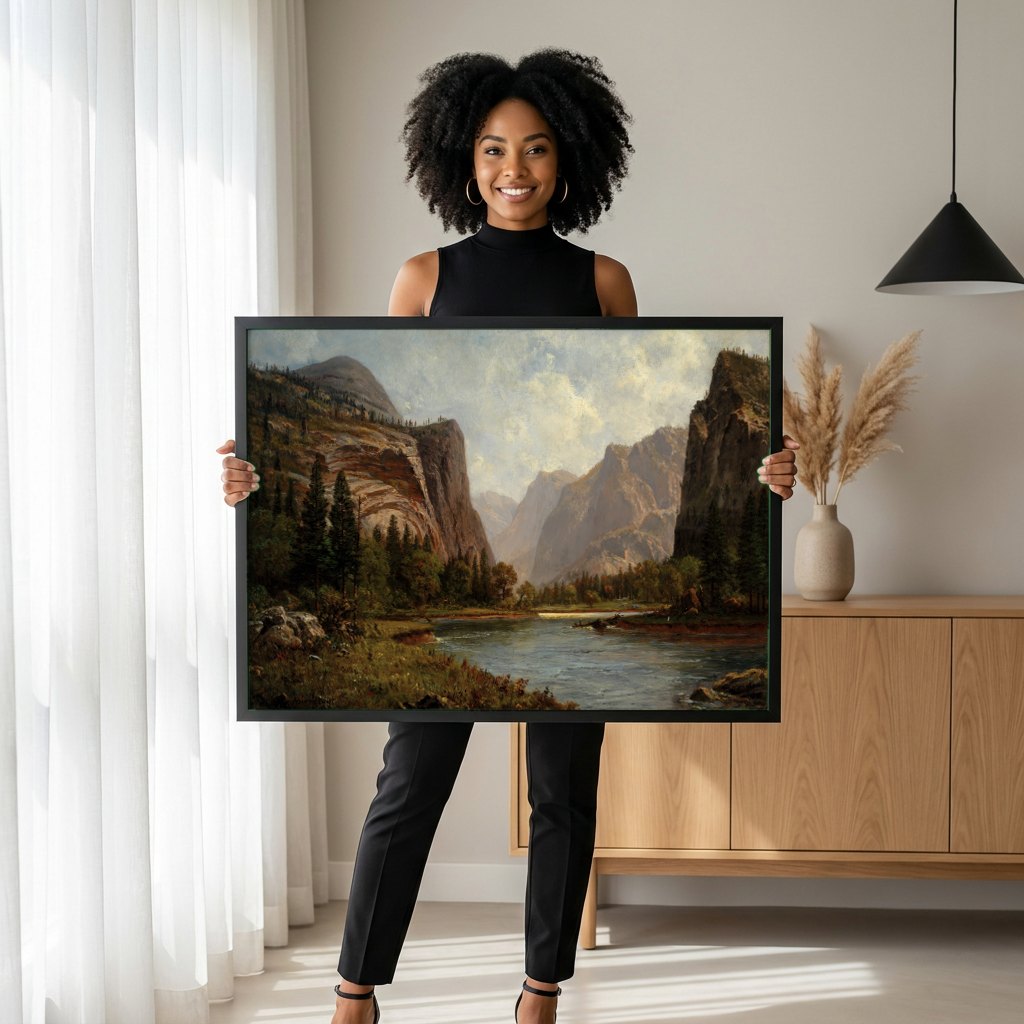 Quadro Decorativo Vale de Yosemite - Albert Bierstadt | modelo apresentando o quadro emoldurado
