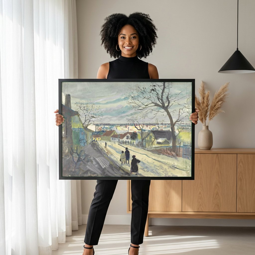 Quadro Decorativo 'Paisagem Urbana' - Oskar Laske | modelo apresentando o quadro emoldurado