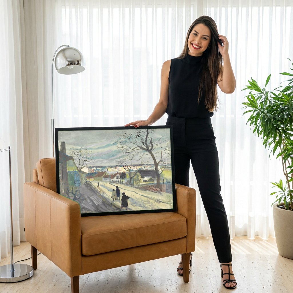Quadro Decorativo 'Paisagem Urbana' - Oskar Laske | modelo apresentando o quadro emoldurado