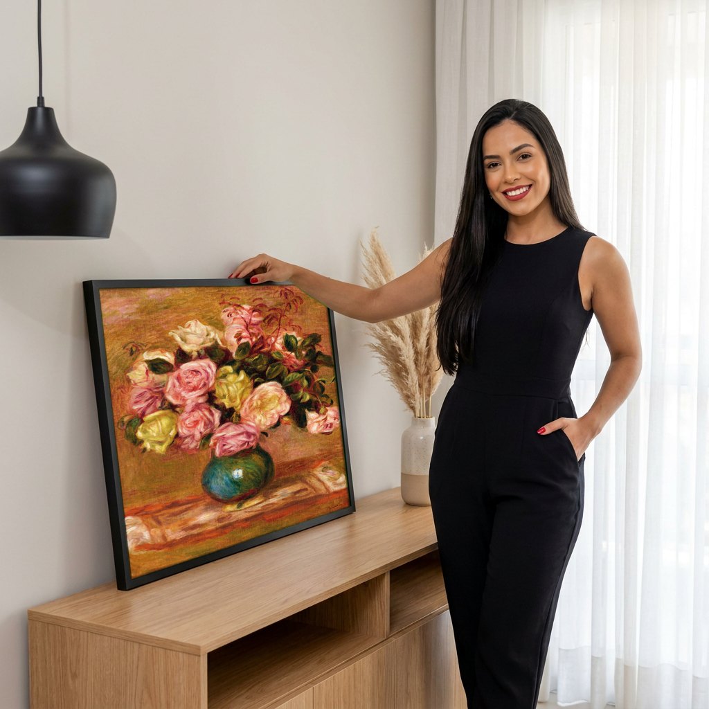 Quadro Decorativo Rosas em Vaso - Renoir | modelo apresentando o quadro emoldurado