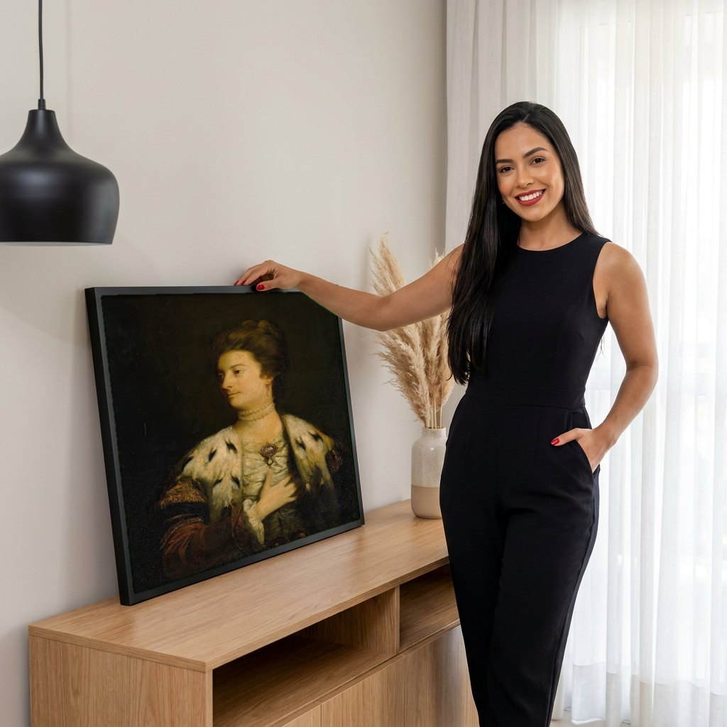 Quadro Decorativo Retrato de Dama com Arminho - Reynolds | modelo apresentando o quadro emoldurado
