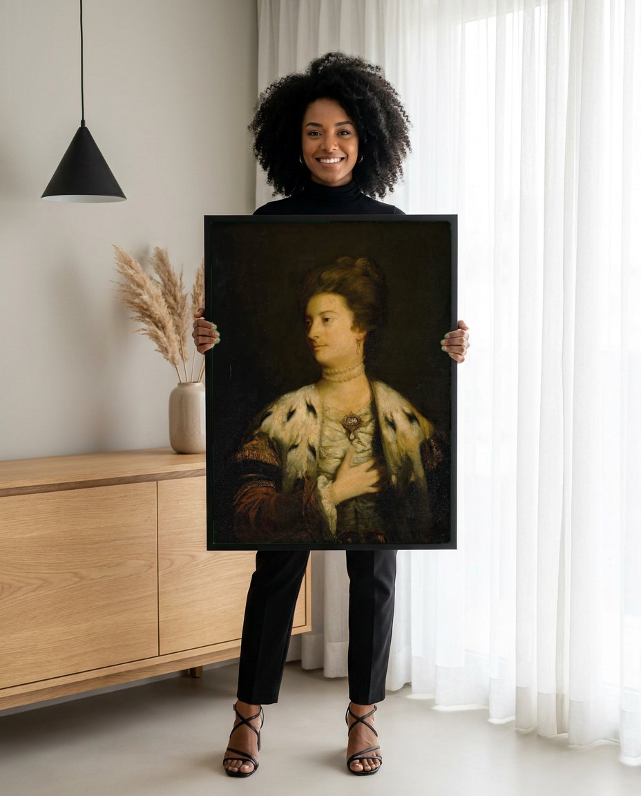 Quadro Decorativo Retrato de Dama com Arminho - Reynolds | modelo apresentando o quadro emoldurado