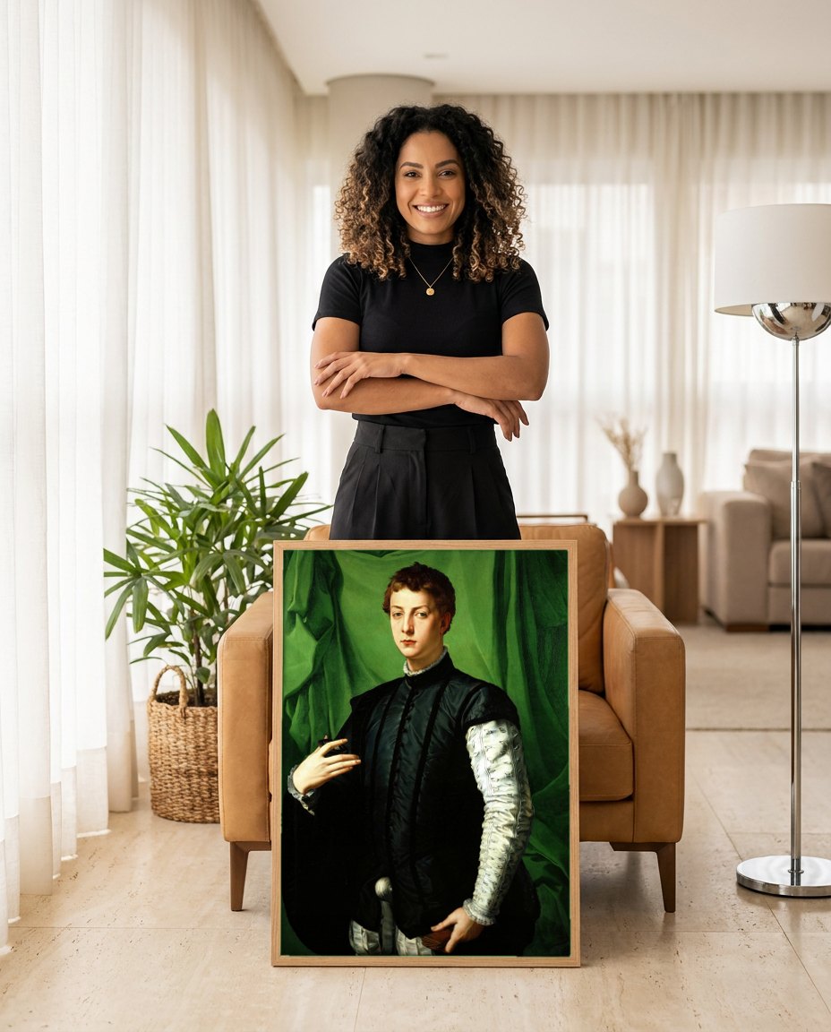 Quadro Decorativo Retrato de um Jovem - Bronzino | modelo apresentando o quadro emoldurado