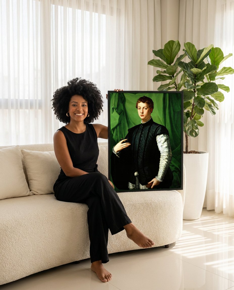 Quadro Decorativo Retrato de um Jovem - Bronzino | modelo apresentando o quadro emoldurado