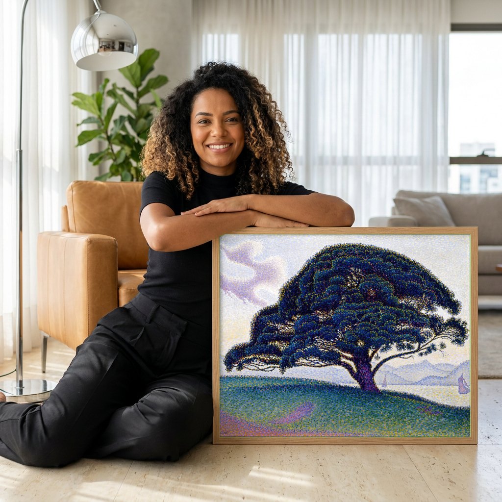 Quadro Decorativo O Pinheiro de Saint-Tropez - Paul Signac | modelo apresentando o quadro emoldurado