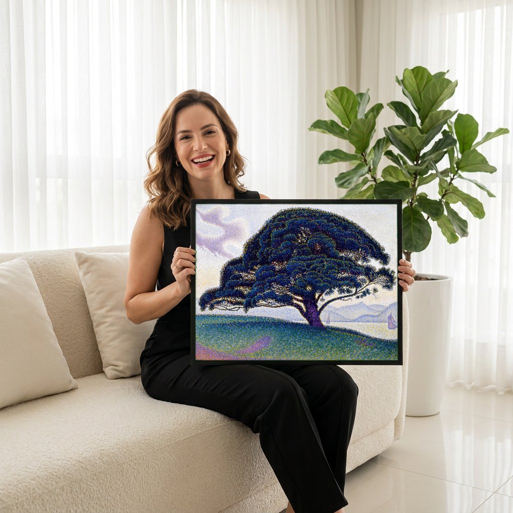 Quadro Decorativo O Pinheiro de Saint-Tropez - Paul Signac | modelo apresentando o quadro emoldurado