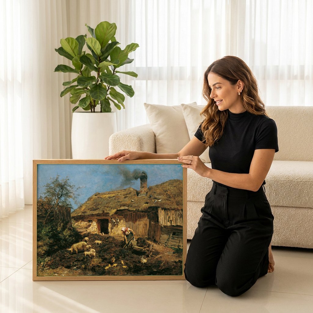 Quadro Decorativo Cena Rural com Mulher Trabalhando - Olga Wisinger-Florian | modelo apresentando o quadro emoldurado