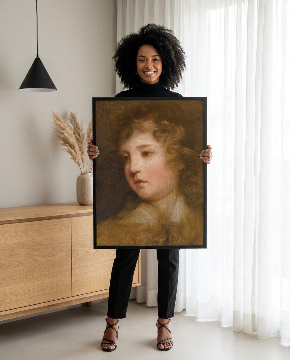 Quadro Decorativo 'Cabeça de Querubim' - Sir Joshua Reynolds | modelo apresentando o quadro emoldurado
