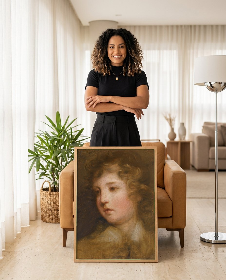 Quadro Decorativo 'Cabeça de Querubim' - Sir Joshua Reynolds | modelo apresentando o quadro emoldurado