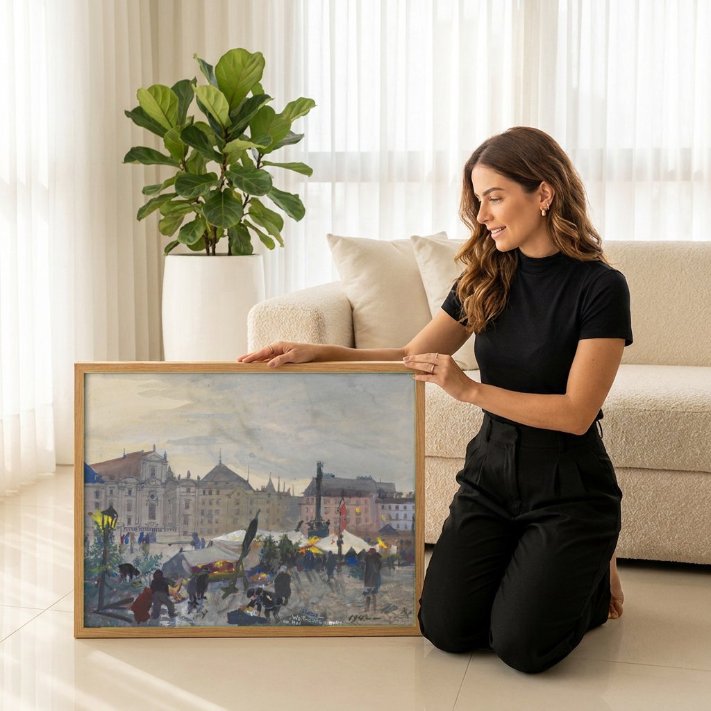 Quadro Decorativo Mercado de Natal - Oskar Laske | modelo apresentando o quadro emoldurado
