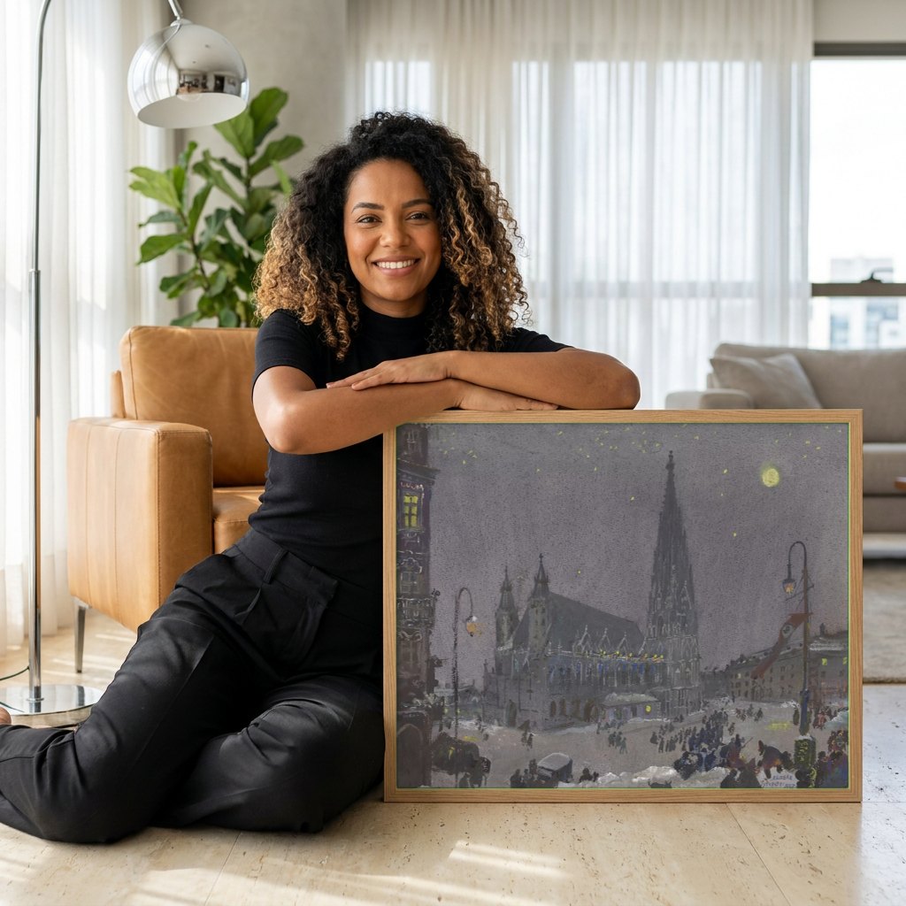 Quadro Decorativo Noite de Inverno - Oskar Laske | modelo apresentando o quadro emoldurado