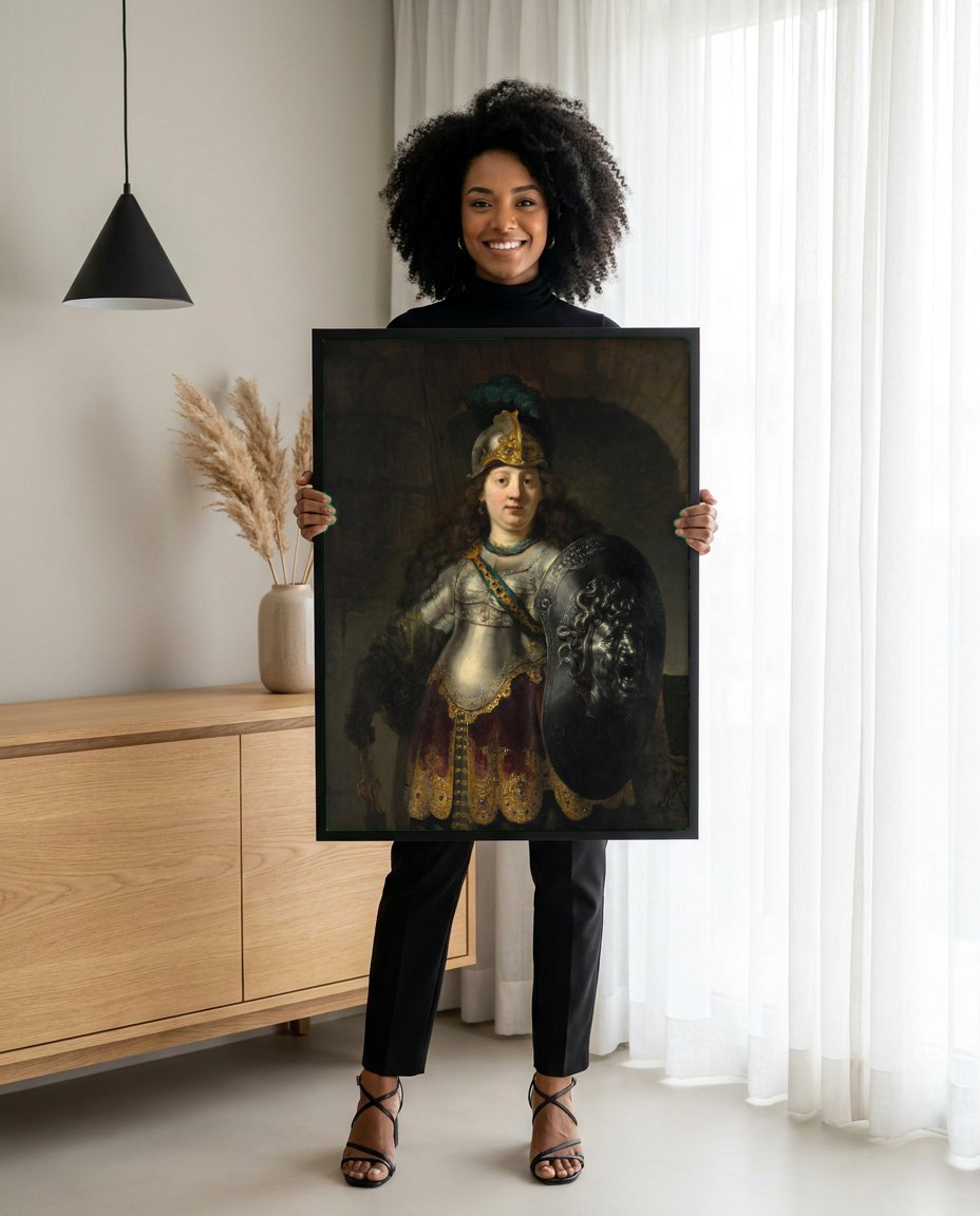 Quadro Decorativo Minerva em sua Armadura - Rembrandt | modelo apresentando o quadro emoldurado