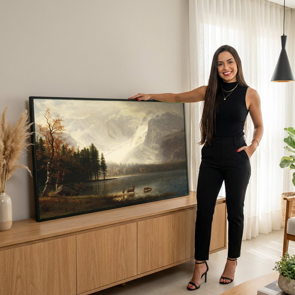 Quadro Decorativo Montanhas e Lago - Albert Bierstadt | modelo apresentando o quadro emoldurado