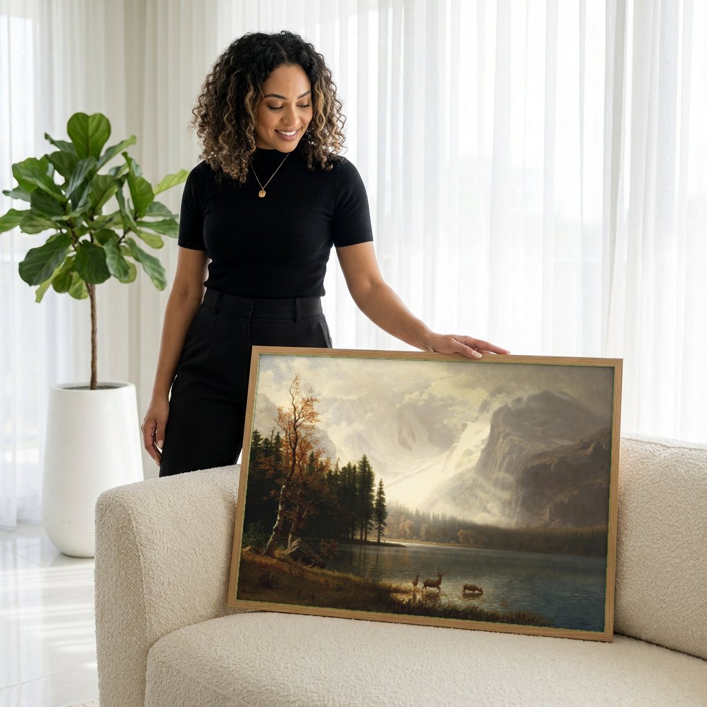 Quadro Decorativo Montanhas e Lago - Albert Bierstadt | modelo apresentando o quadro emoldurado